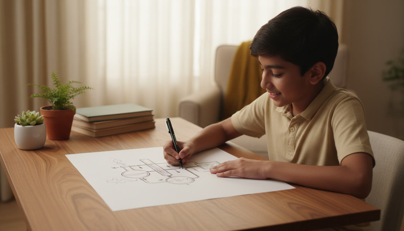 Photo Idea : Close-up of a student drawing a labeled chemistry apparatus with clean handwriting
