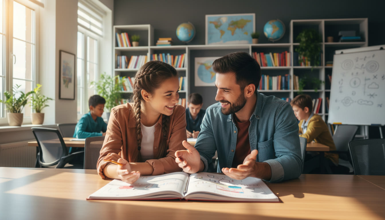 Photo Idea : A student and teacher leaning over a notebook in a bright classroom, engaged in conversation