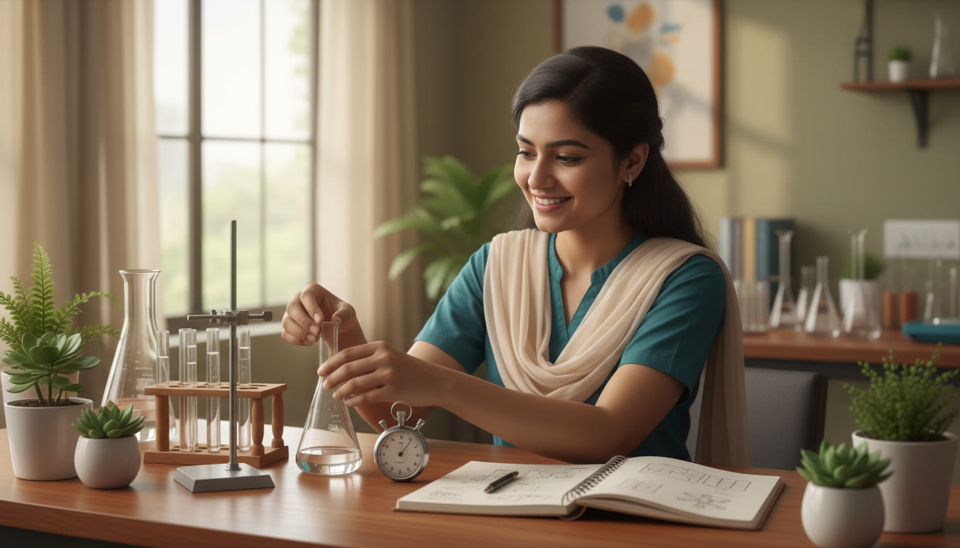 Photo Idea : Student in a school laboratory arranging glassware and notes on a bench, with a stopwatch and a tidy notebook visible.