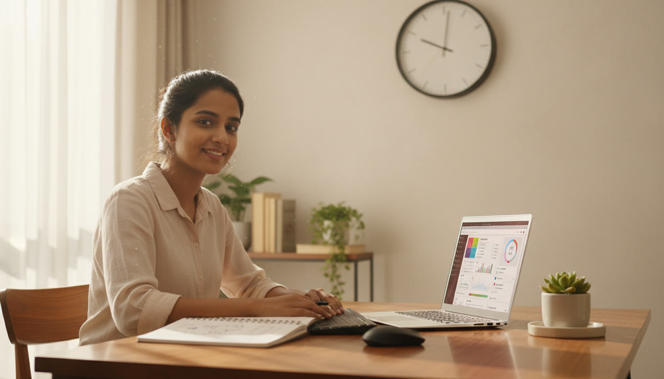 Photo Idea : A focused student at a desk with a visible wall clock, open notebook, and a laptop showing a mock test screen