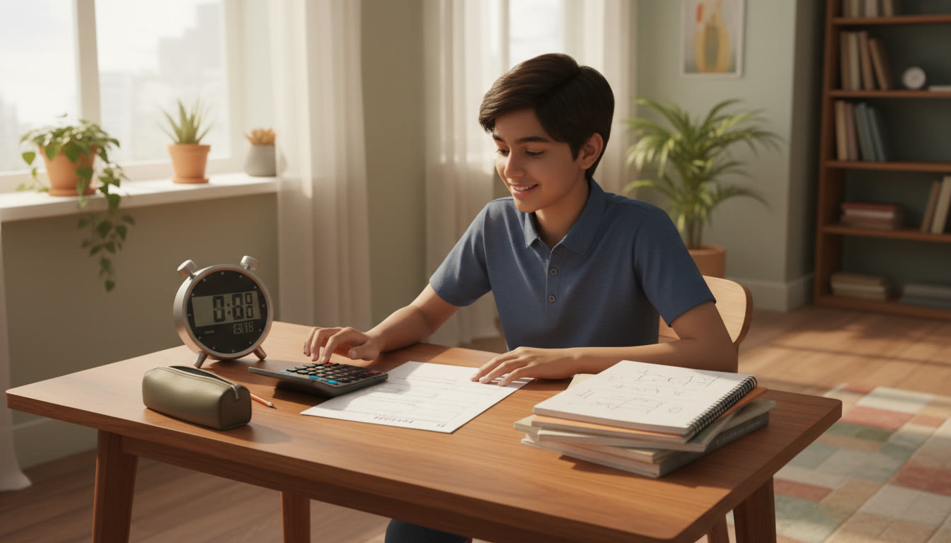 Photo Idea : A student taking a timed mock test at a desk with a stopwatch, calculator, and neat physics notes