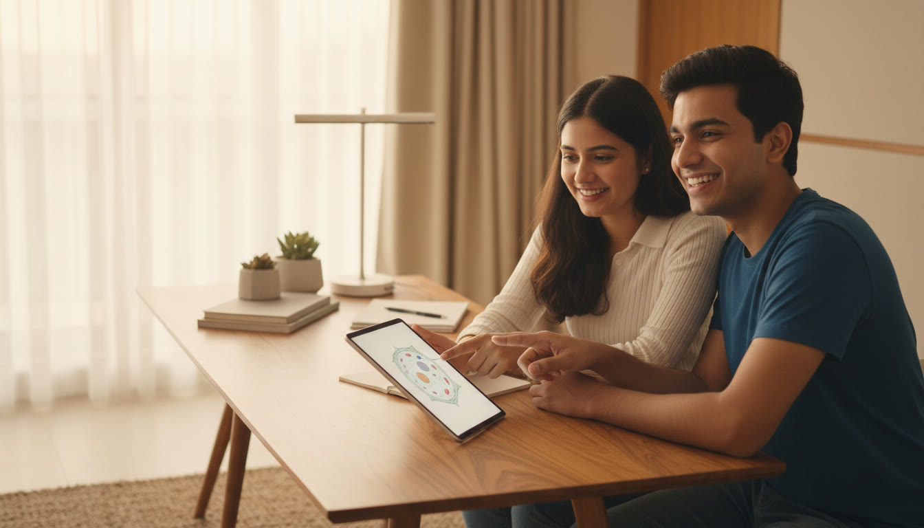 Photo Idea : Close-up of a tutor and student pointing at a biology diagram on a tablet while smiling