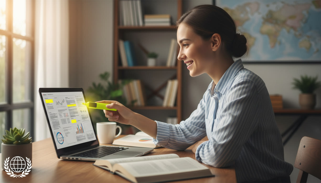 Photo Idea : A student at a desk highlighting numbers in their essay on a laptop screen