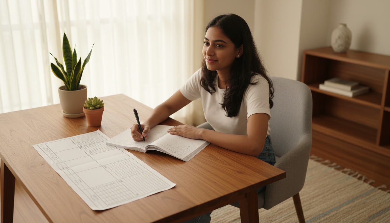 Photo Idea : A student calmly writing in an answer booklet with a neatly marked time-management sheet beside them