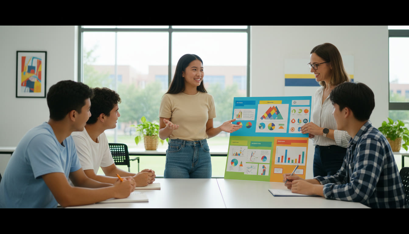 Photo Idea : Student presenting an Internal Assessment poster to a small group
