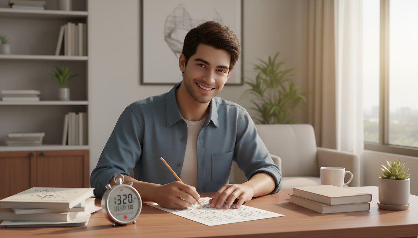 Photo Idea : Student filling an OMR sheet with a stopwatch and practice papers on the desk
