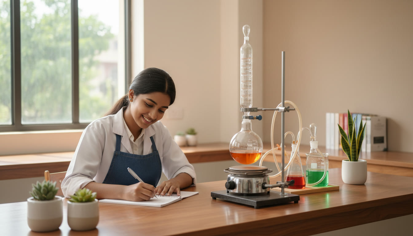 Photo Idea : Student writing a neat lab record beside a labeled apparatus setup in a well-lit school lab