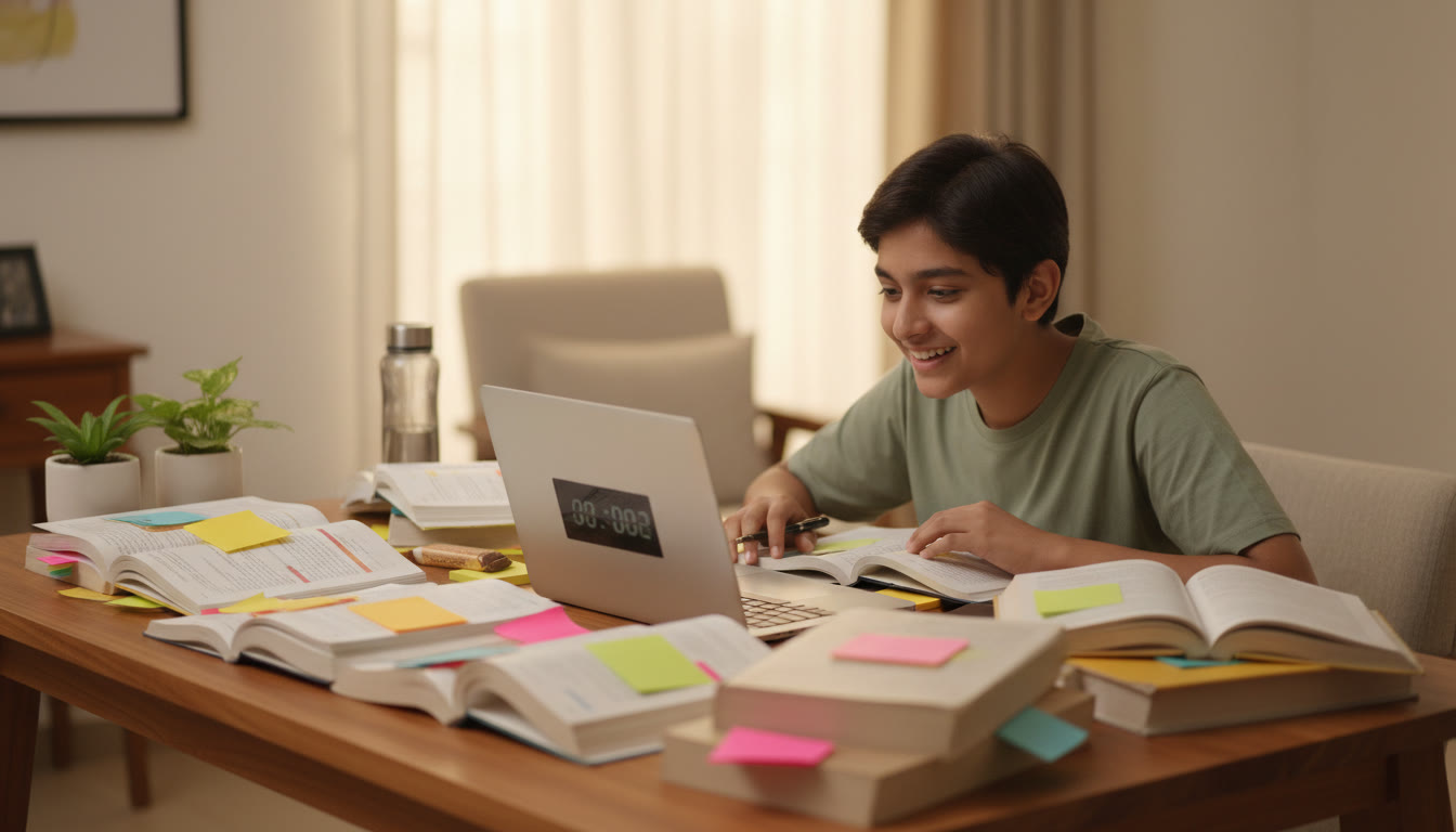 Photo Idea : close-up of a student at a desk surrounded by open reference books, sticky notes, and a laptop showing a mock test timer