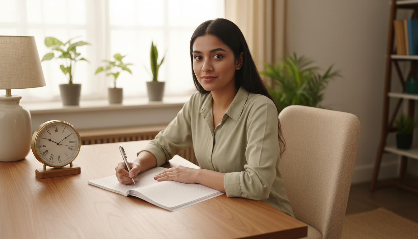 Photo Idea : A student writing neatly in an answer book with a clock nearby and a calm expression