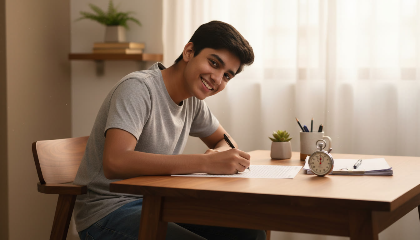 Photo Idea : Student sitting at a study desk taking a full-length mock test with an OMR sheet and stopwatch visible