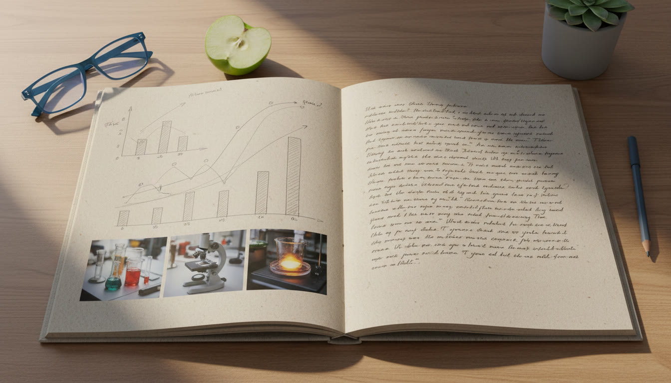 Photo Idea : A student portfolio spread open on a desk showing annotated graphs, photos from a lab experiment, and a reflective paragraph