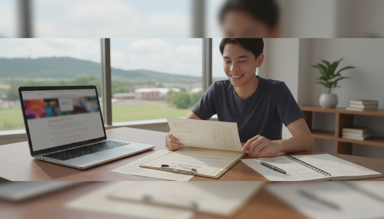 Photo Idea : A student reviewing scholarship award letters on a desk with a laptop and notebook