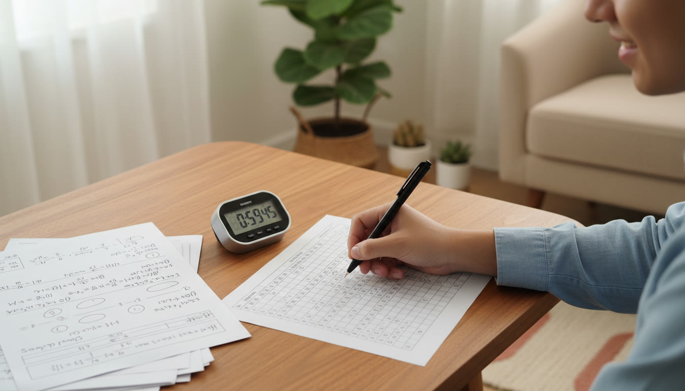 Photo Idea : A close-up of a hand filling an OMR sheet beside a stopwatch and a solved question paper.