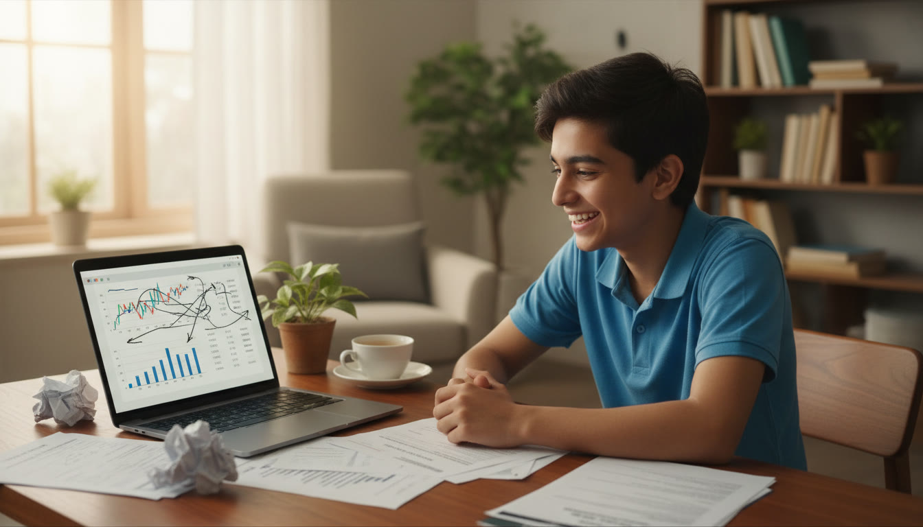 Photo Idea : Student at a desk analyzing scorecards and scribbled notes on a laptop screen