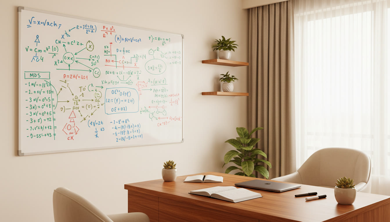 Photo Idea : A whiteboard with solved physics derivations, annotated chemistry reaction maps, and compact math problem lists