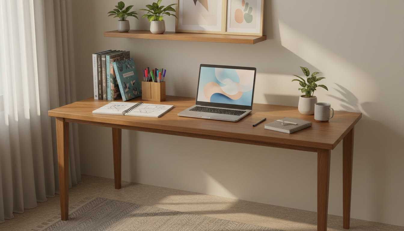 Photo Idea : a neatly organised study desk with ISC textbooks, notebooks, colored pens, and a laptop