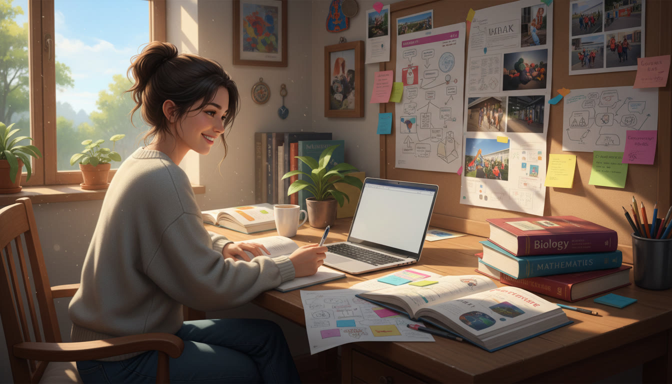 Photo Idea : A thoughtful IB student writing a scholarship essay at a desk surrounded by CAS project notes and textbooks