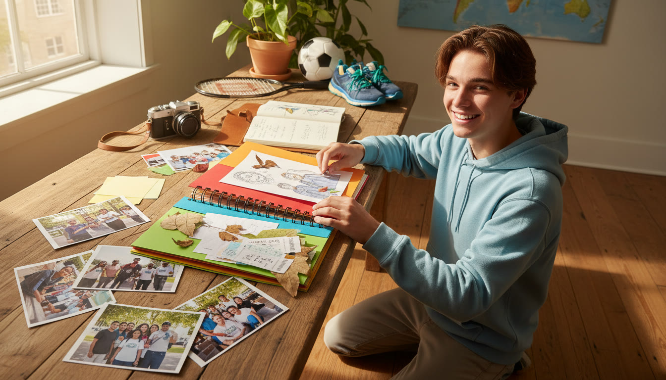 Photo Idea : Student arranging a colorful CAS portfolio on a desk with notebook, camera, sports gear, and community photos