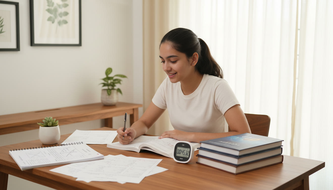 Photo Idea : A focused student at a tidy desk with IB IA notes on one side and JEE/NEET prep books and a timer on the other
