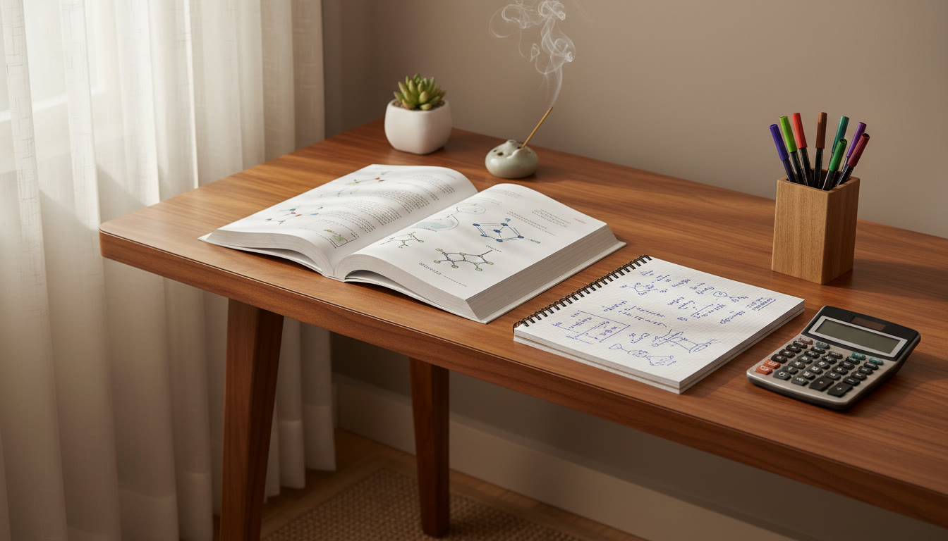 Photo Idea : A tidy study desk with an open chemistry book, handwritten notes, colored pens and a calculator