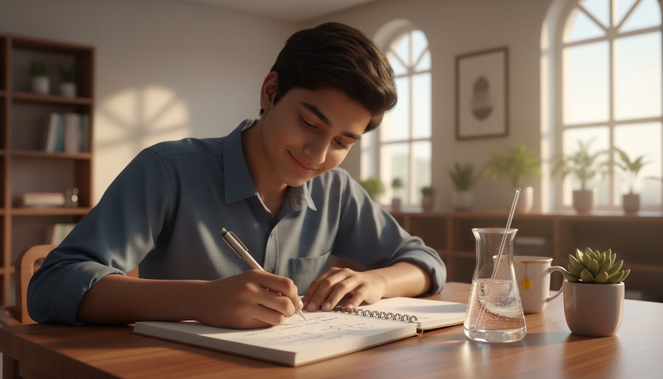 Photo Idea : Close-up of a student writing a neat laboratory record with labelled diagrams and a small beaker setup nearby