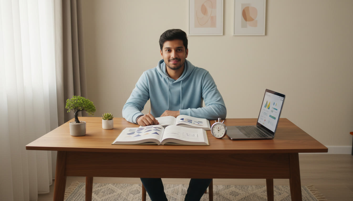 Photo Idea : Focused student at a tidy study desk with Physics and Mathematics books, a stopwatch, and a laptop showing a mock test interface
