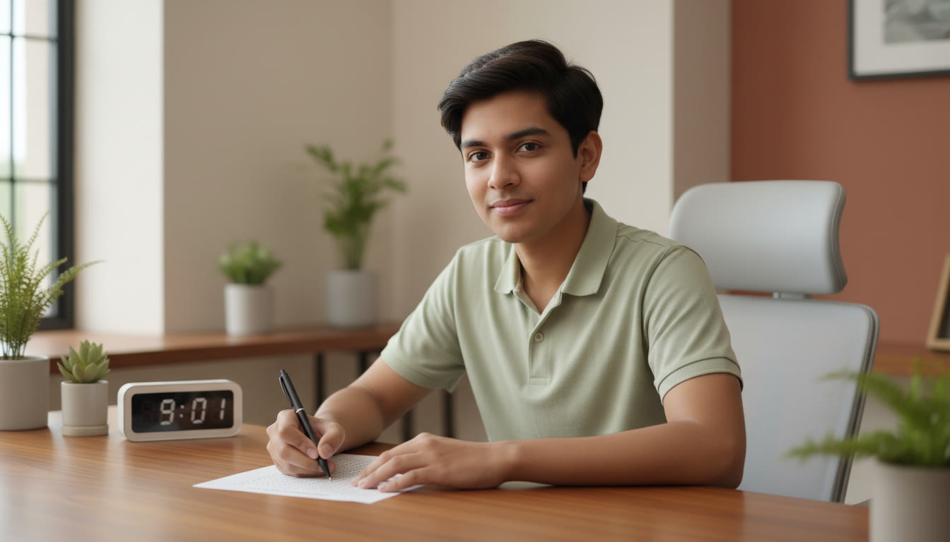 Photo Idea : A student marking an OMR sheet with a calm, focused expression while a timer counts down in the background.