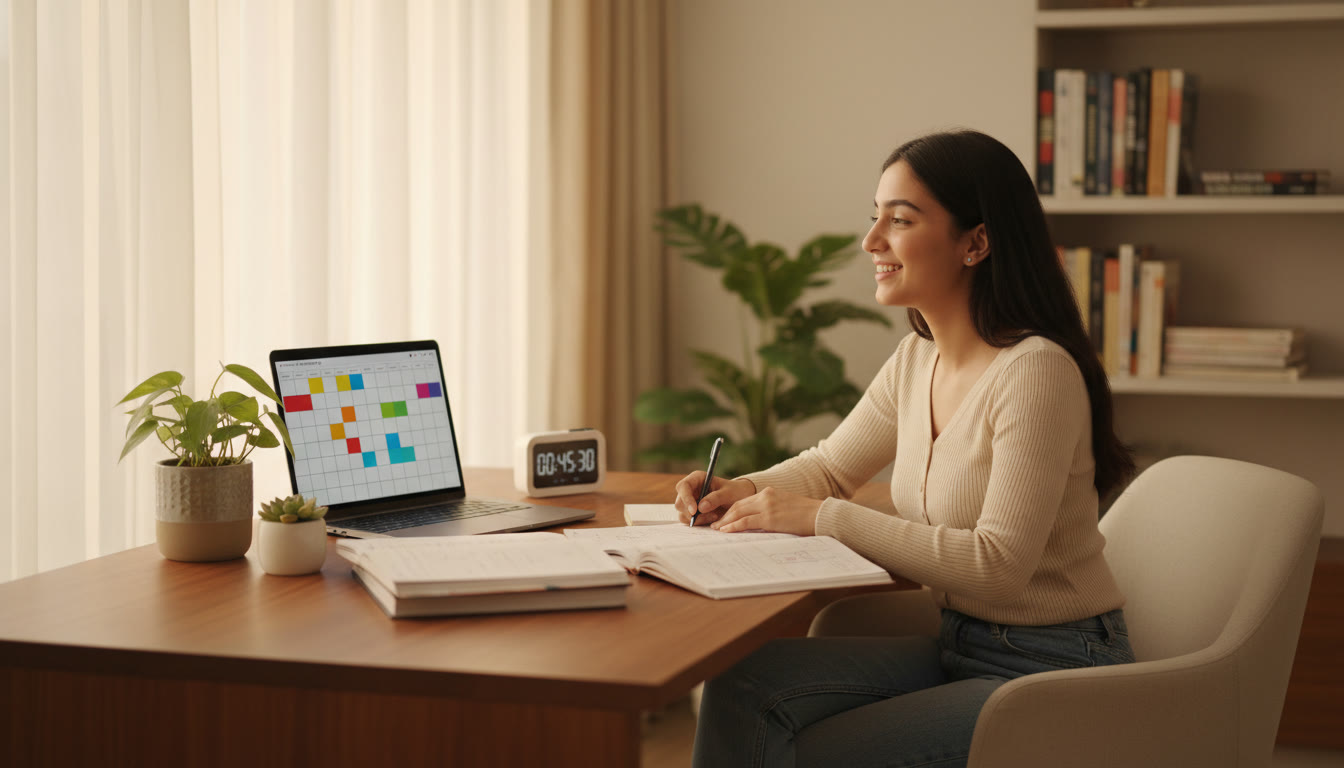 Photo Idea : A student at a desk with open notebooks, a laptop showing a study calendar, and a timer