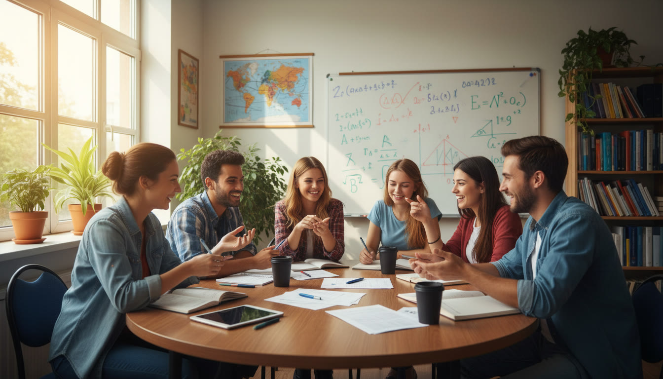 Photo Idea : A small seminar room with students animatedly discussing around a round table, notebooks open and a whiteboard with equations and quotes