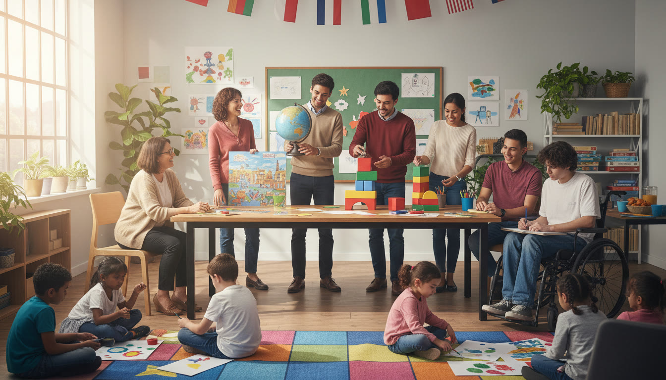 Photo Idea : A small group workshop in a community room, students leading activities while attendees interact