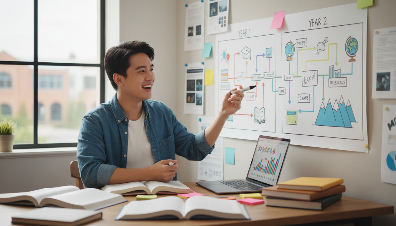 Photo Idea : Student at a desk surrounded by notes and a laptop, mapping a two-year timeline on a wall