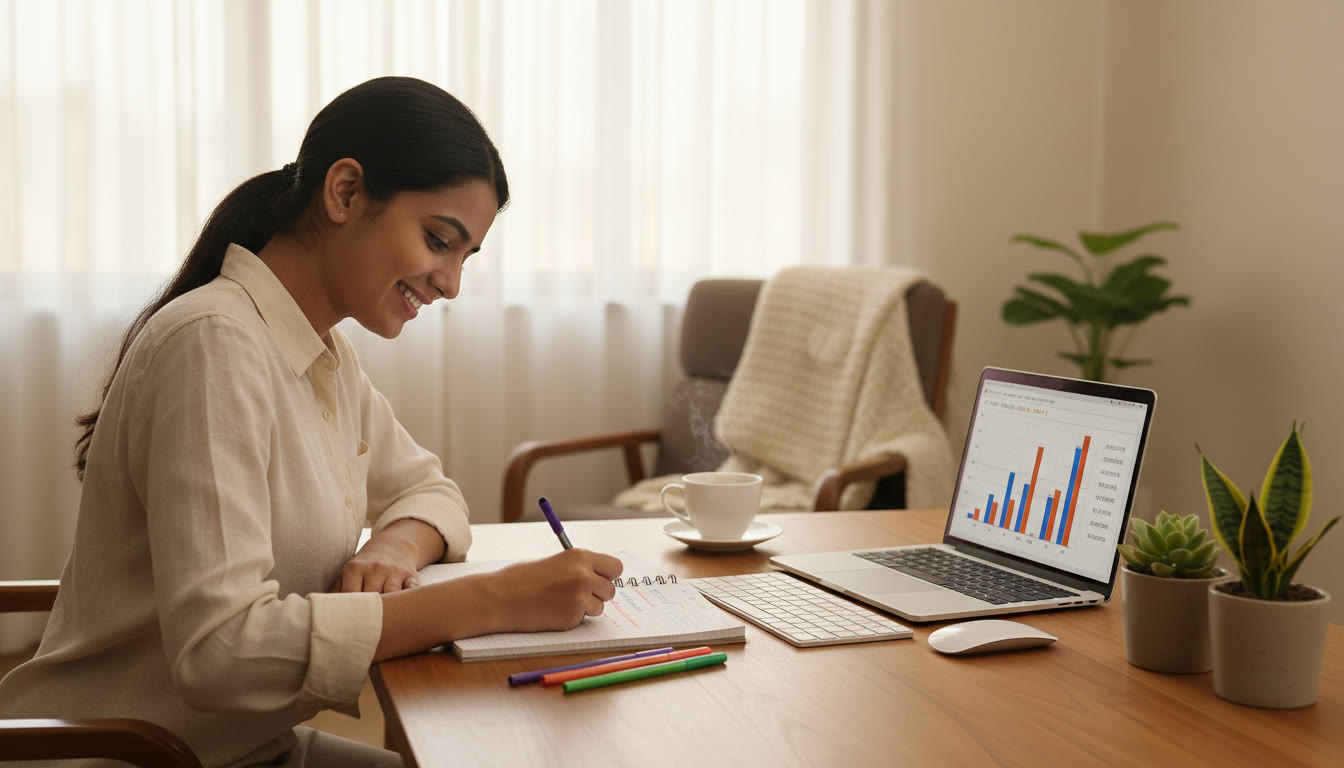 Photo Idea : a student marking errors in a notebook with colored pens and a laptop open to mock-test results