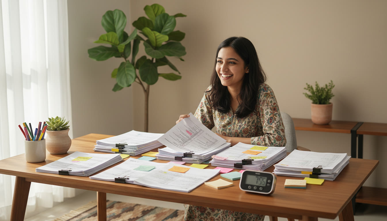 Photo Idea : student with a spread of neatly organized past year question papers, colorful sticky notes and a stopwatch on the desk
