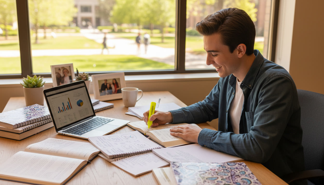 Photo Idea : A focused IB student at a desk surrounded by open notebooks and a laptop, highlighting and making notes