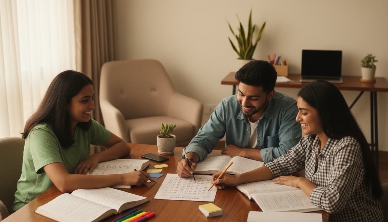 Photo Idea : A small study group reviewing multiple-choice questions and marking a mock OMR sheet together