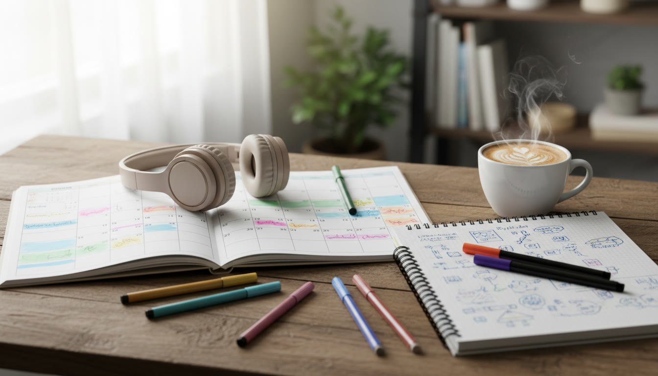 Photo Idea : Open calendar and notebook with coloured pens, a pair of headphones and a warm beverage