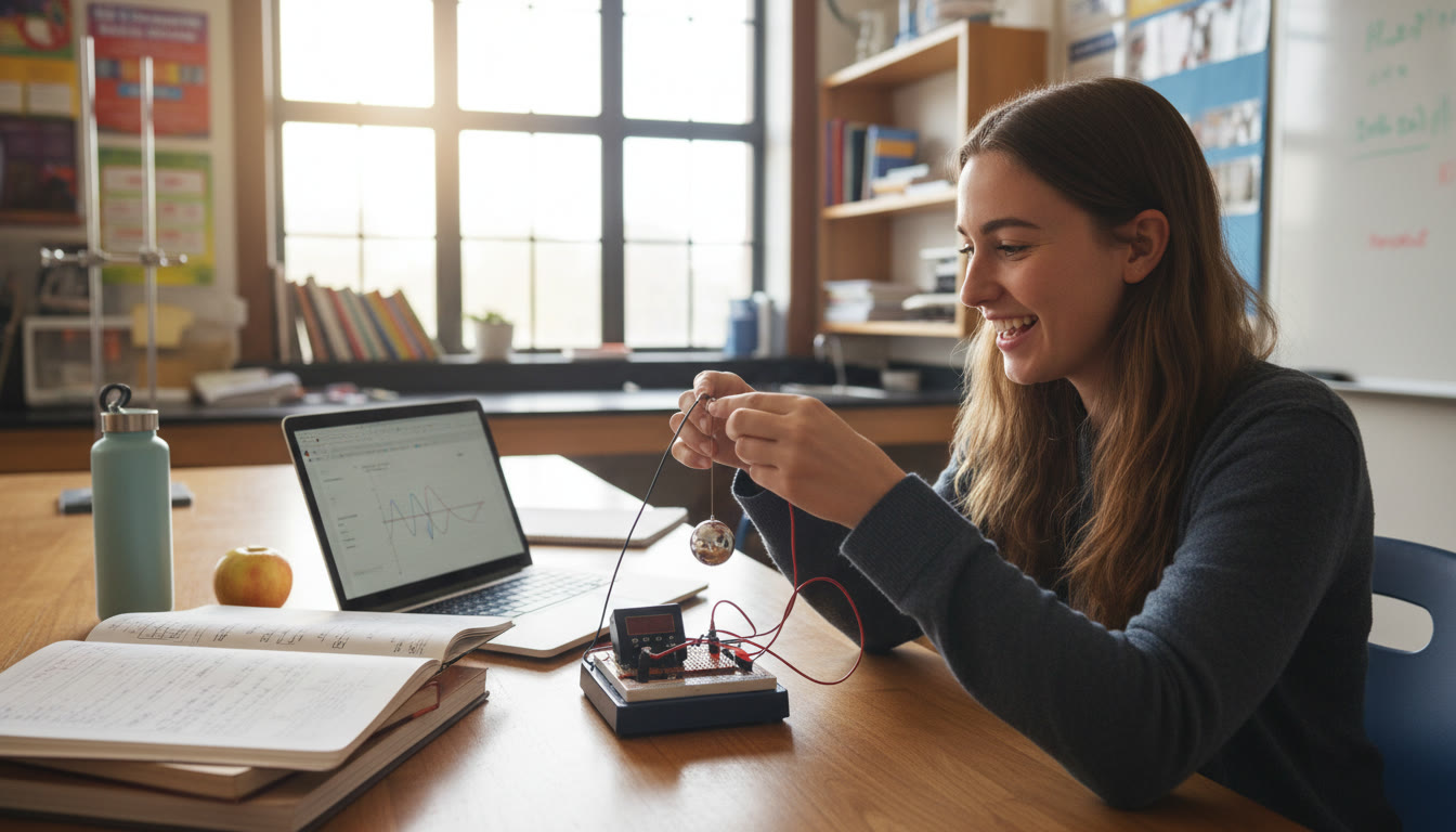 Photo Idea : Student setting up a compact physics experiment on a lab bench with notebooks and a laptop nearby
