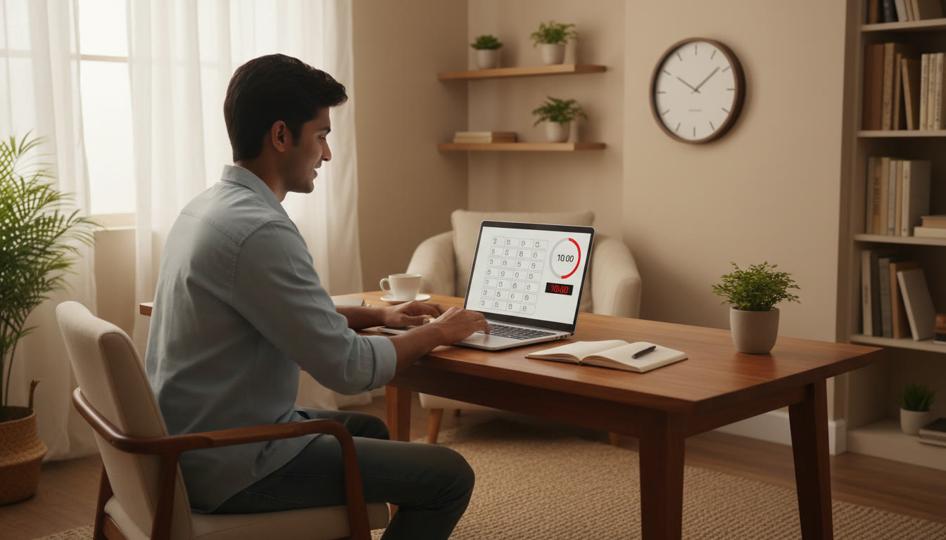 Photo Idea : a student taking a timed mock test on a laptop while a wall clock shows the countdown
