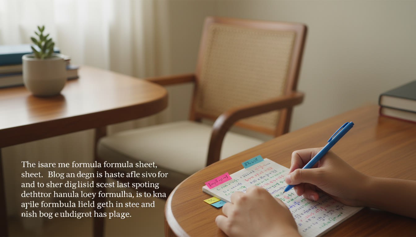 Photo Idea : A close-up of a student’s hands writing a compact formula sheet with coloured pens and sticky tabs