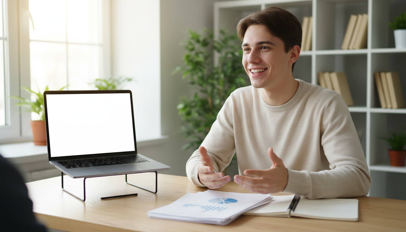 Photo Idea : A student practicing an interview with notes on a laptop and printed EE pages beside them