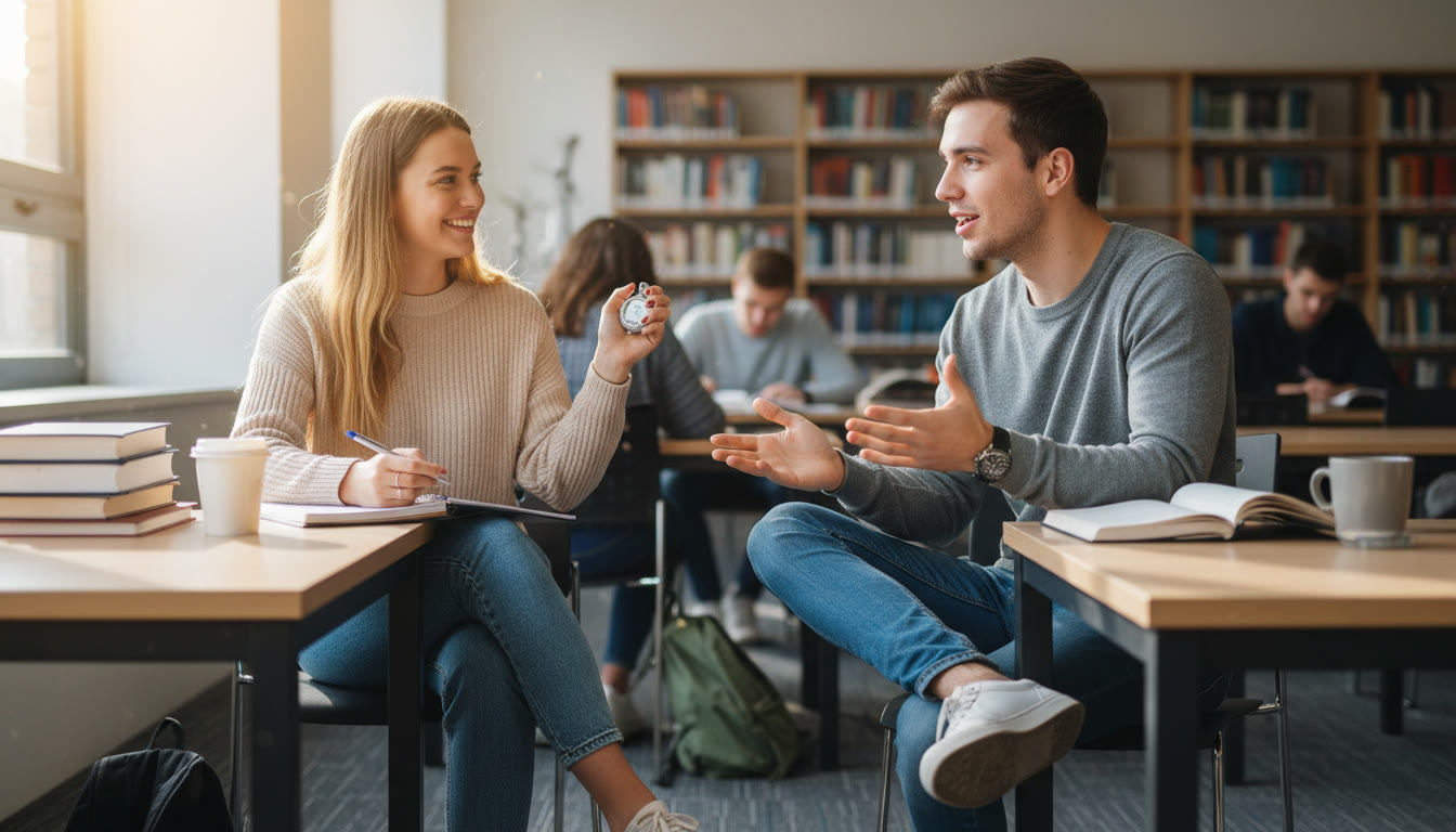 Photo Idea : Two students practicing an oral exam, one with a stopwatch and notepad