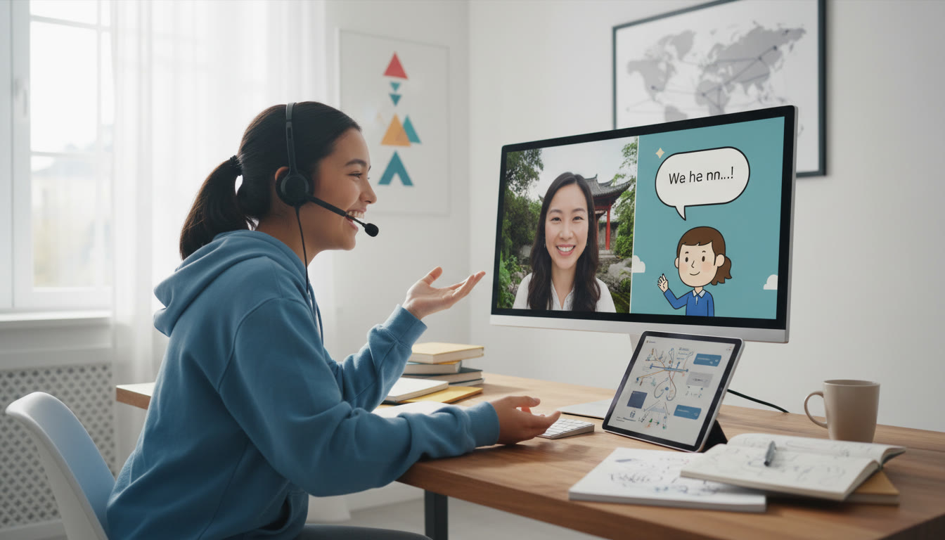 Photo Idea : One-on-one tutoring session with student practicing Mandarin conversation with a tutor over video