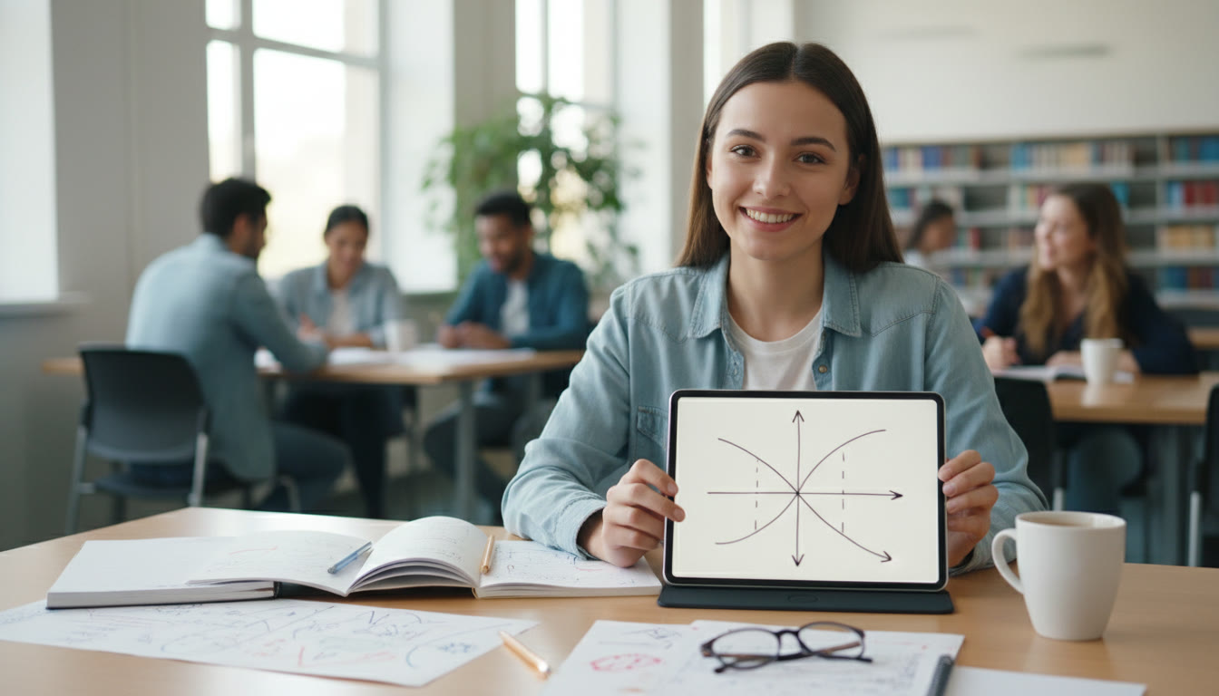 Photo Idea : A student drawing a supply and demand diagram on a tablet with notes and a cup of coffee nearby