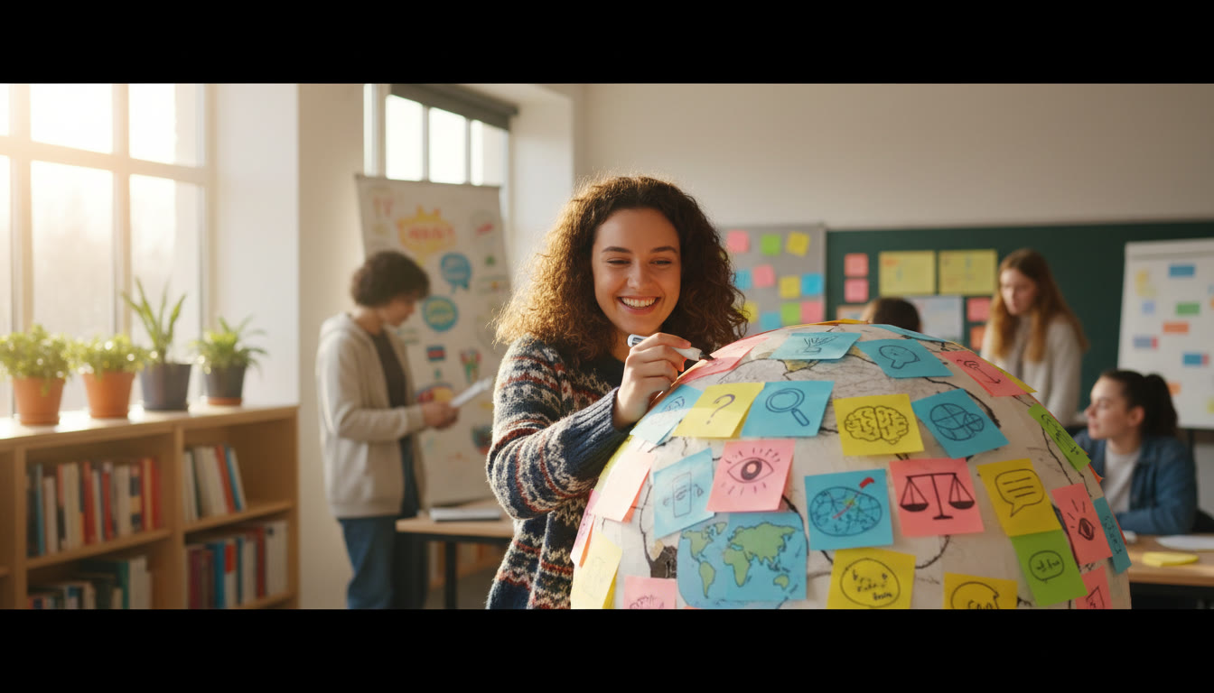 Photo Idea : A student annotating an object with sticky notes showing perspectives and knowledge questions