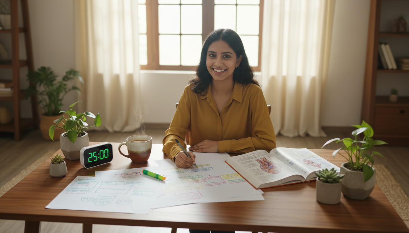 Photo Idea : A student at a desk with color-coded notes, a textbook open to a science diagram, a timer, and a cup of coffee