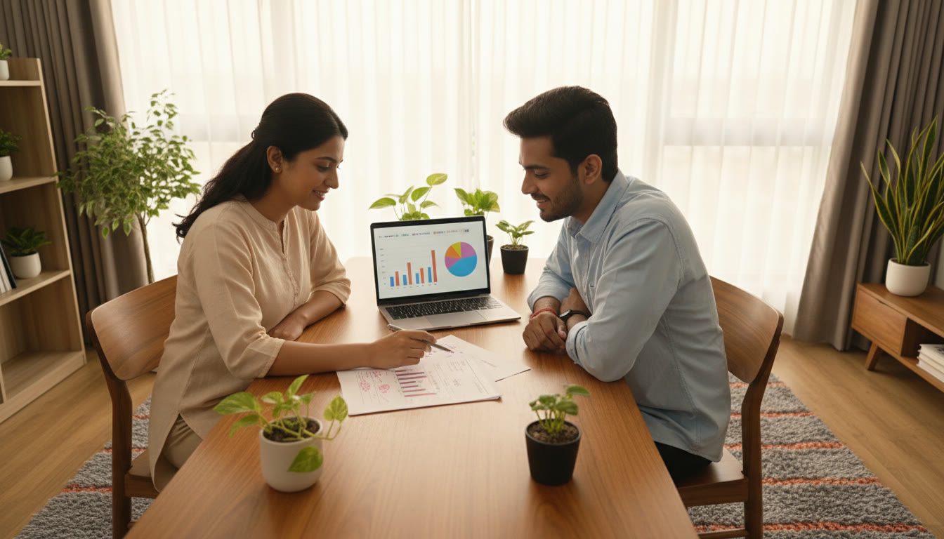 Photo Idea : A tutor and student working over a marked mock paper, with a laptop showing a performance dashboard.