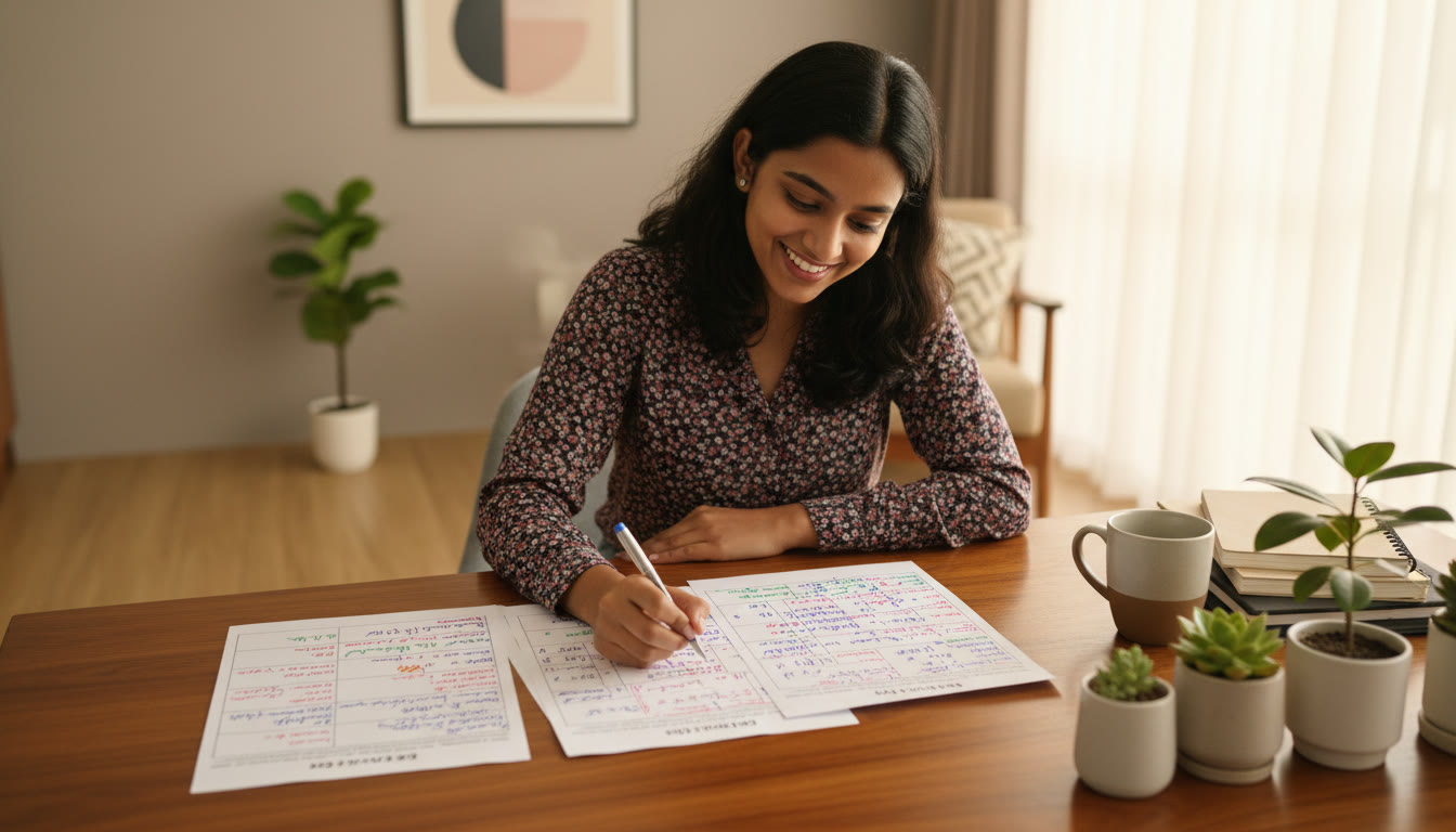 Photo Idea : A student checking an annotated sample paper with colorful correction marks and a neatly written error log beside it