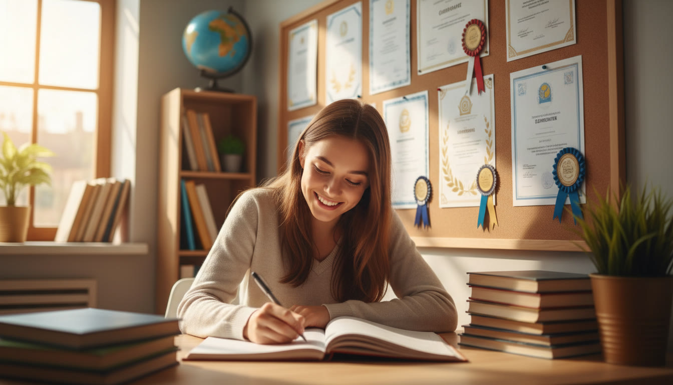 Photo Idea : Student writing in a notebook with Olympiad certificates pinned on a wall
