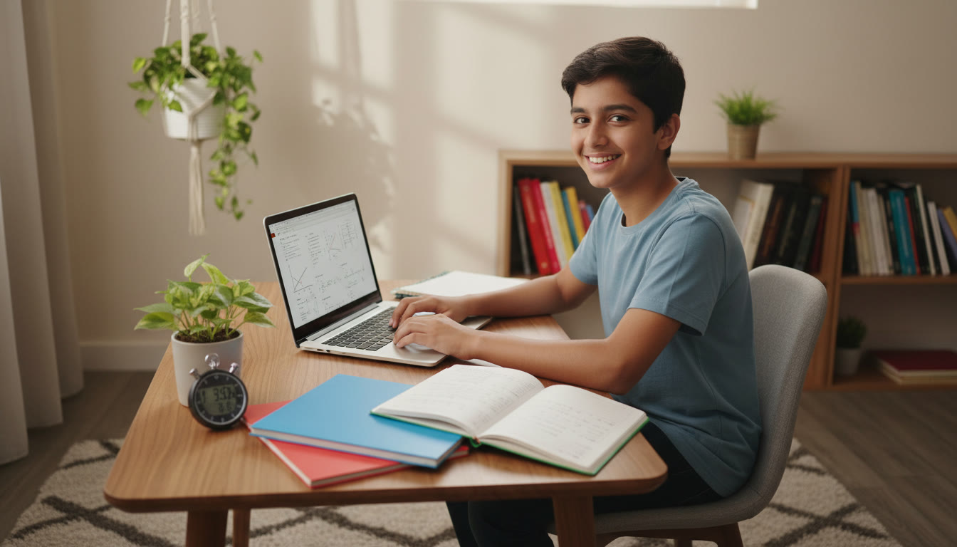 Photo Idea : A focused student at a study table with a stopwatch, three subject notebooks, and a laptop.