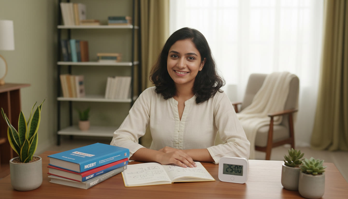 Photo Idea : Student at a desk with NCERT books, a timer and neatly written one-page revision notes